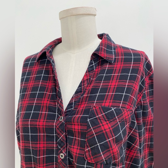 J Jill Red Black Plaid 100% Cotton Long Sleeve Button Tunic Size Large - Picture 2 of 7